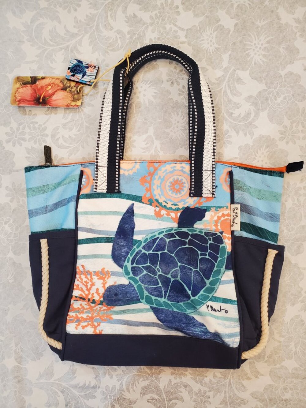 NWT Sun N'..... Sand by Paul Brent Canvas Tote Bag - Turtle Green Blue Coral NEW